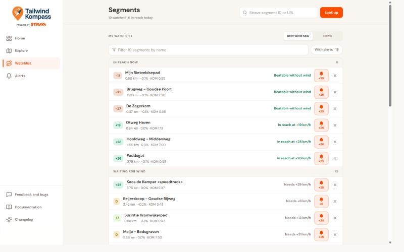 The Watchlist with segments grouped into In reach now and Waiting for wind, each with its tailwind badge, verdict and alert bell.