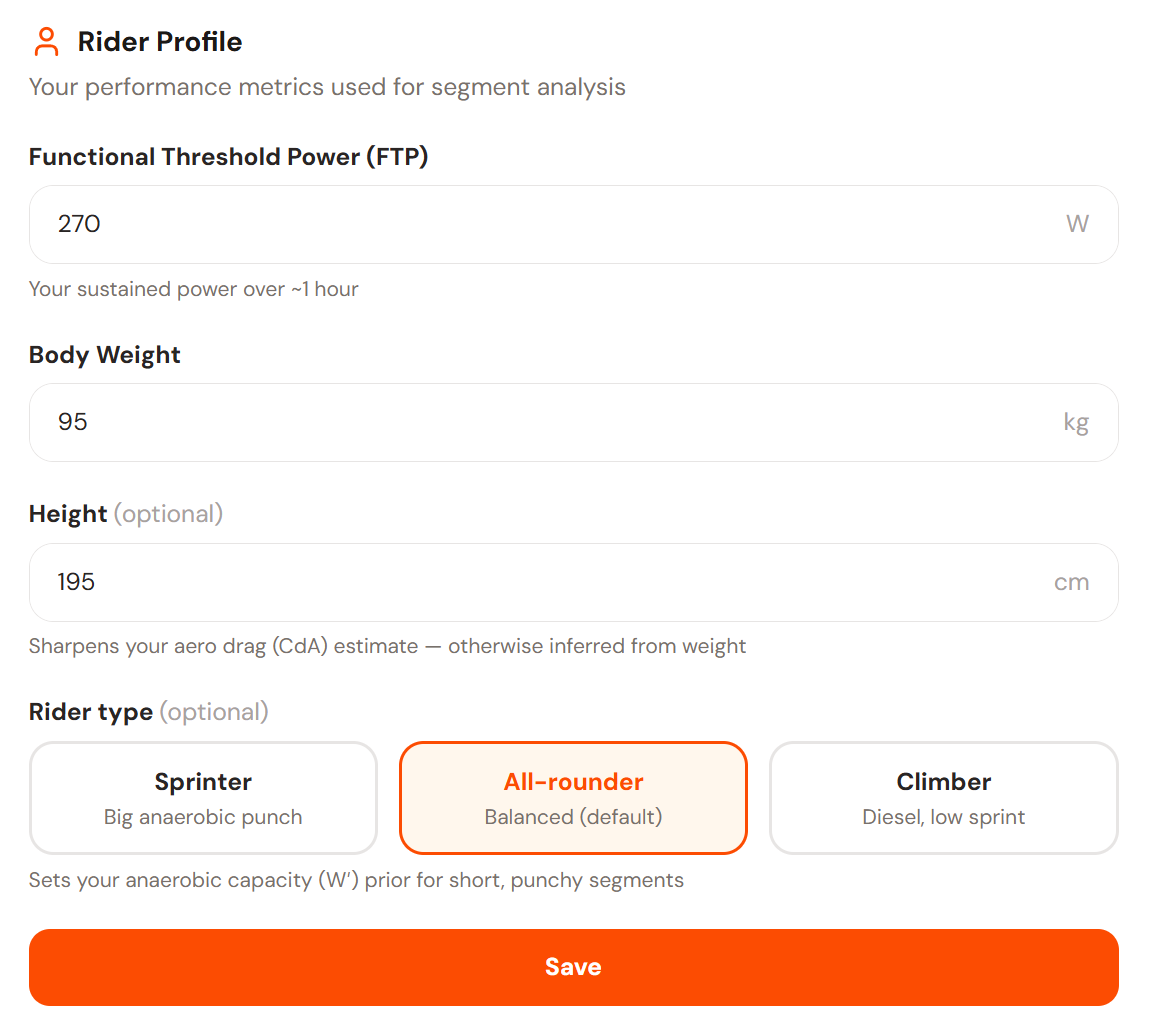 The Rider Profile form showing Functional Threshold Power (FTP) set to 270 W, Body Weight 95 kg, an optional Height field (195 cm) labelled 'Sharpens your aero drag (CdA) estimate — otherwise inferred from weight', and an optional Rider type selector with All-rounder (Balanced, default) selected alongside Sprinter and Climber, above a Save button.